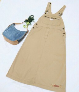 【ピンクハウス】ジャンパースカート　ベージュ系　裾にワンポイント刺繍　前ポケット　綿100%　オーバーオールスカート