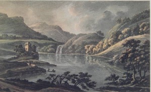 ロバート・アダム、滝が流れ入る湖の上に城のある想像の風景、希少画集・額装画、新品・日本製額縁付、状態良好、送料無料、y321