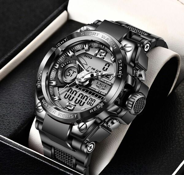 新品 LIGE メンズ ダブルフェイスレ ED デジタルスポーツ 腕時計クロームブラック メーカー専用箱入り