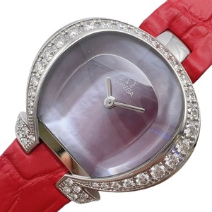  Omega OMEGA Omega mania pink shell 5886.73.53 K18 white gold wristwatch lady's used 