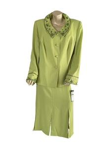 NYP SUITS　未使用　大きいサイズ　鮮やかグリーン　ビーズ　刺繍　8枚はぎスカートスーツ　USサイズ20W　4L～