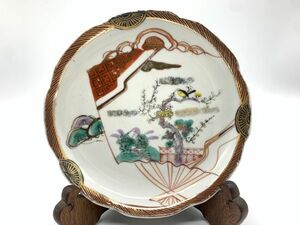 【伊万里】明治後期～　金彩『扇に松梅鶯図の膾皿』　19cm　カケ無し　骨董陶器　時代物　定形外可　N0705G