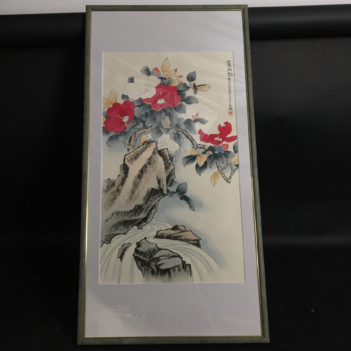 FG0626-31-3-3 ｢模写｣水墨画 山茶花艶 インテリア 店舗デザイン 額47㎝×91.5㎝×2㎝絵41㎝×68㎝ 160サイズ, 美術品, 絵画, その他