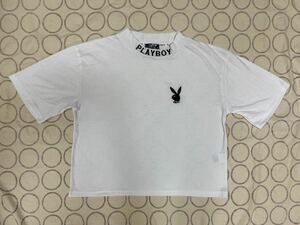 PLAYBOY ブランドマークとロゴ刺繍がかわいい丈短め半袖TシャツL ホワイト