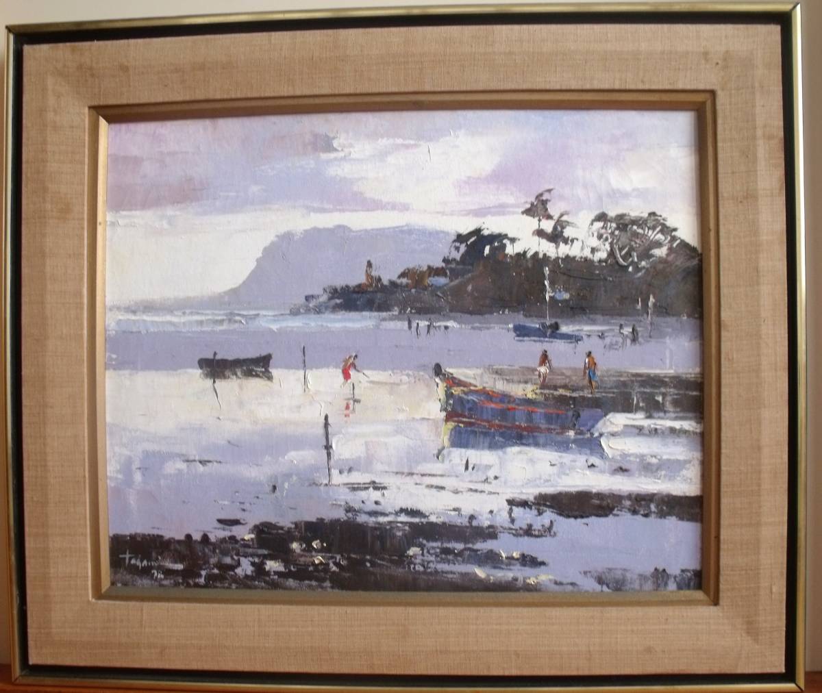 Hiroshi Tagami 油絵 ハワイアンアート ｢Fishing Boats-HEEIA KEA｣ 1978年 16インチ×20インチ レア品 ビンテージ品, 絵画, 油彩, 自然, 風景画