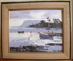 Art hand Auction 타가미 히로시 유화 하와이 예술 낚시 보트-HEEIA KEA 1978 16 x 20 희귀 빈티지, 그림, 오일 페인팅, 자연, 풍경화