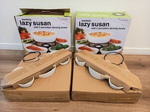 コストコ bamboo lazy susan with 5 porcelain serving bowls サービングセット 回転皿 オードブル チーズフォンデュ 2個 未使用 保管 k358