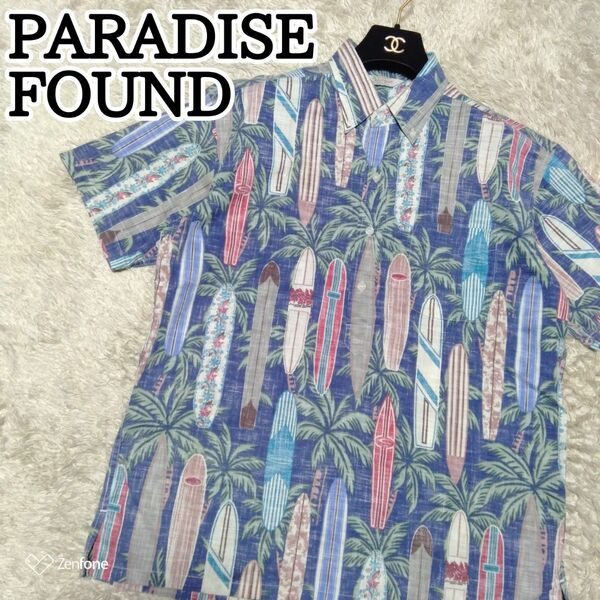 90s PARADISE FOUND 総柄 ヤシの木 サーフボード アロハ プルオーバー シャツ 