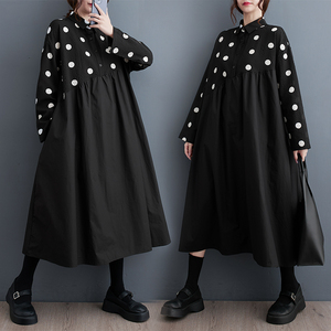 [ including in a package 1 ten thousand jpy free shipping ] autumn new work * lady's * casual * easy large size * body type cover * cut . change * dot pattern * long sleeve * long One-piece *F