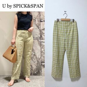 【美品】U by SPICK&SPAN ピンタックパンツ チェック柄パンツ ストレッチ 洗える サイズ36 グリーン ボトムス 