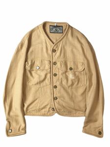 (D) ARMANI JEANS 90s アルマーニ イタリア製 レーヨン リネン ノーカラー ジャケット 46 ベージュ系