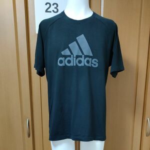 アディダス半袖ＴシャツL　ブラックボディadidasグレーロゴプリント　高機能素材CLIMALITE COTTON　少しストレッチ