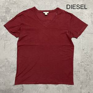 DIESEL ディーゼル 半袖 Tシャツ Vネック ダメージ加工 無地 ワインレッド ビッグシルエット サイズXL玉FL2979