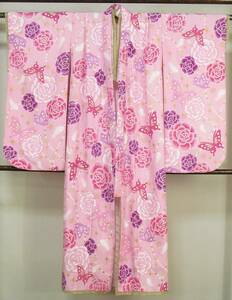 shi13..7 -years old for kimono rose butterfly beautiful goods japan style length 131cm The Seven-Five-Three Festival 