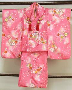 し62　化繊　女児振袖被布セット　３歳用　ピンク地　桜　菊紅葉　襦袢もセット　美品　身丈88ｃｍ