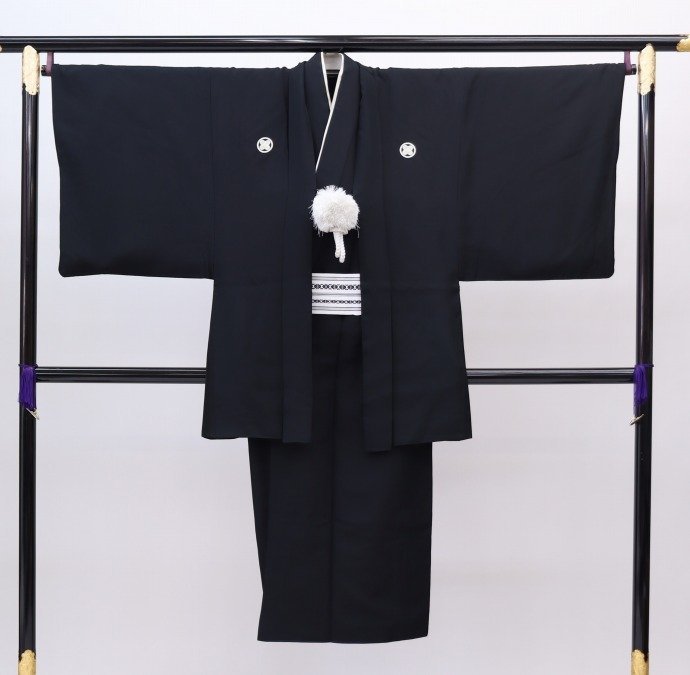 美品 男性用 羽二重 黒紋附 アンサンブル (正絹)仕立上り<Em648
