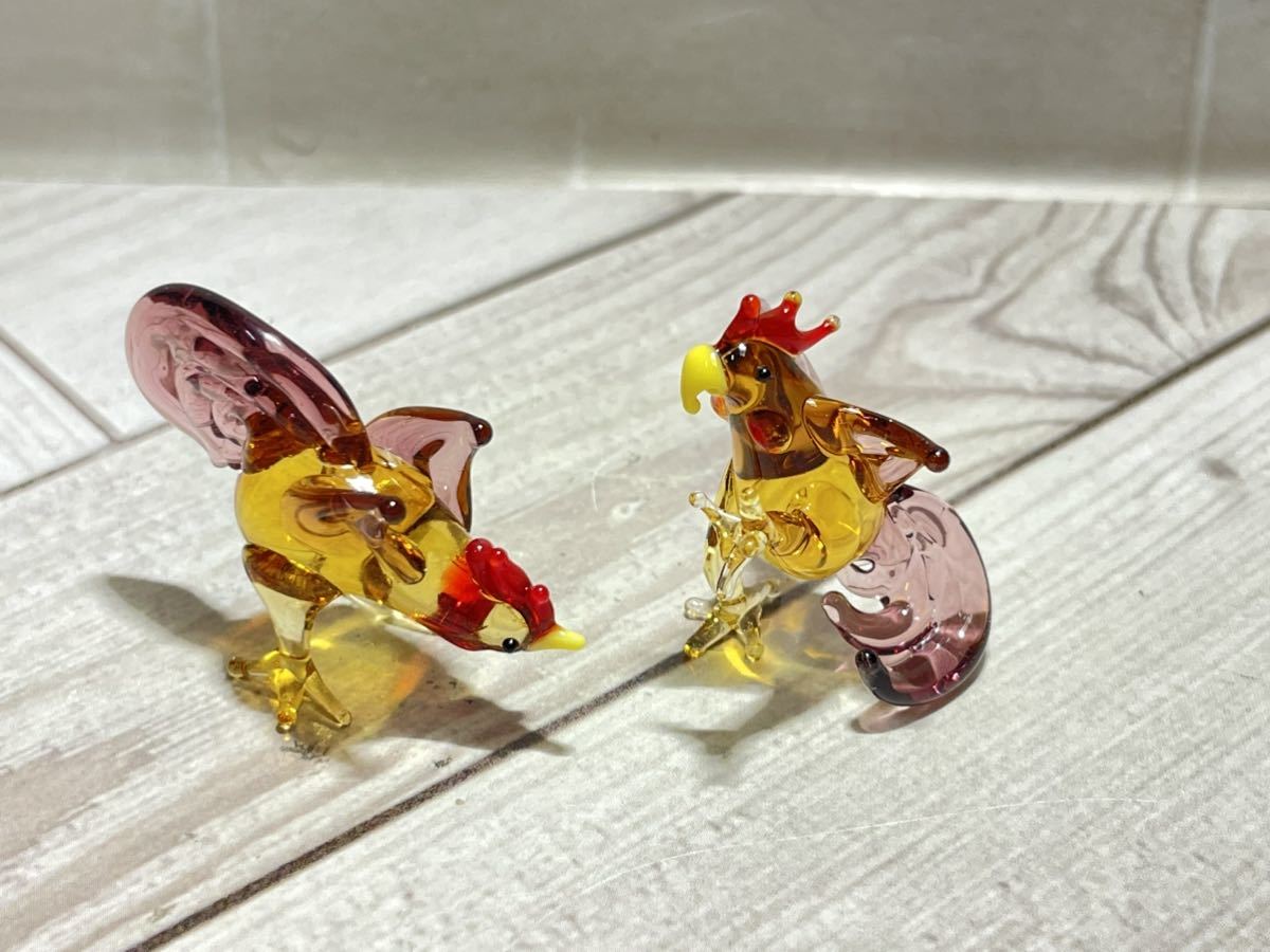 ★Miniature glasswork★Pair of fighting cocks, Handmade items, interior, miscellaneous goods, ornament, object