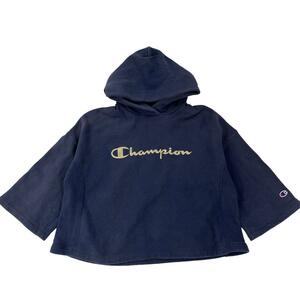 champion パーカーショート丈五分袖 刺繍ロゴ レディースM 紺 b17