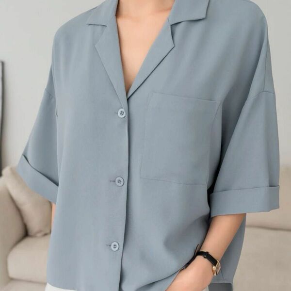 シャツ ブラウス ブルー 韓国ファッション オフィスカジュアル