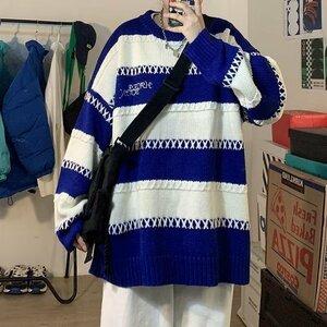 メンズ セーター トップス 韓国風 長袖 ボーダー柄 丸首 大きいサイズ ゆったり オーバーサイズ 秋冬 メンズファッション 2色M-3XL