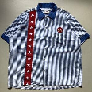 80s Lee stripes S/S shirt size XL made in USA 80年代 リー ストライプシャツ　半袖シャツ ワークシャツ ワッペン 青 白 アメリカ製 