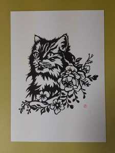 Art hand Auction Paper cutting art: Cat and rose flower, Artwork, Painting, Collage, Paper cutting