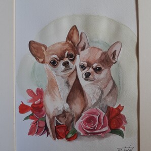 水彩画 仲良しチワワ