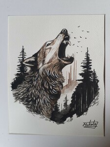 Art hand Auction Watercolor Wolf Howling, Painting, watercolor, Animal paintings