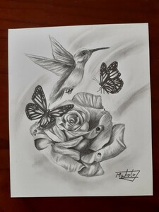 Art hand Auction Colibrí dibujo a lápiz, flor rosa y mariposa, obra de arte, cuadro, dibujo a lápiz, dibujo al carbón