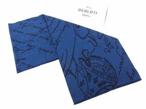 ■新品同様■ Berluti ベルルッティ カリグラフィ ウール100％ マフラー 防寒具 メンズ レディース ネイビー系×ブラック系 AN9384