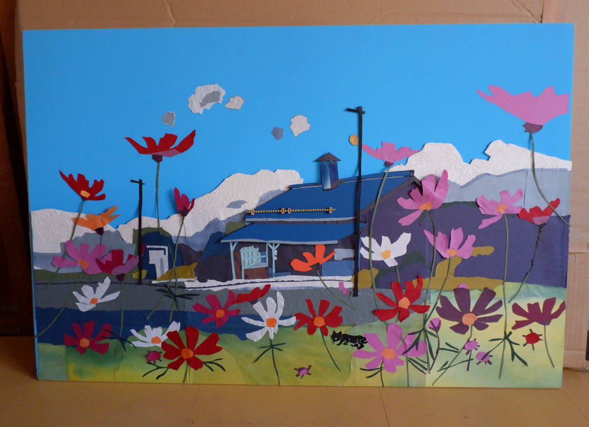 Japanese paper collage approx. 98.7x60cm Cutout cosmos with box One-of-a-kind collage Flowers and country house Large art piece Rural landscape painting Paper craft Lightweight Handcraft Interior, Artwork, Painting, Collage, Paper cutting