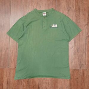 80S90S Oneita Henry Neck T -Fork XL/USA Green Embroidery Vintage