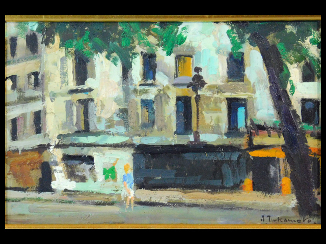 Shigeru Tsukamoto Rue Mouffetard (France Paris streetscape landscape painting) Oil painting (Oil painting) SM issue Board painting Framed Person of Cultural Merit Teacher Itaru Tanabe Tsuyoshi Nakamura Takeji Fujishima Torao Makino s22070301, painting, oil painting, Nature, Landscape painting