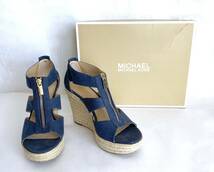 美品 MICHAEL KORS マイケルコース 厚底 サンダル ウェッジソール US7.5M 24.5cm 38M 青 エスパドリーユ ロゴ ゴールド ファスナー 靴 P883_画像1