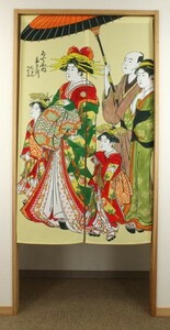 光沢感のある　浮世絵のれんロング85センチ×150センチ花魁道中-14145(おいらんどうちゅう)遮光のれんです