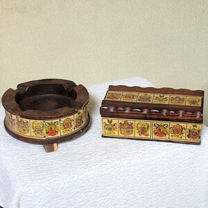 アンティーク 木製 葉巻用灰皿と葉巻入れのセット スペイン製