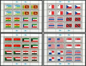 切手 H793 国連 国旗シリーズ2次 スリランカ タイ ウクライナ エジプト アメリカほか計16カ国 完シート(4種) 1981年発行 未使用