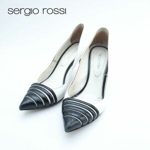 Sergio Rossi セルジオ・ロッシ 37 1/2 24.5 パンプス ヒール ポインテッドトゥ レザー バイカラー 黒 白 ホワイト ブラック/GC14