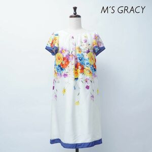 M'S GRACY エムズグレイシー 花柄 襟ギャザー 半袖Aラインワンピース 裏地あり レディース 白 ホワイト サイズ38*GC87