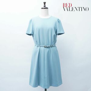 美品 RED VALENTINO レッドヴァレンティノ ウエストベルト 半袖フレアワンピース 裏地なし レディース 水色 ライトブルー サイズ42*GC103