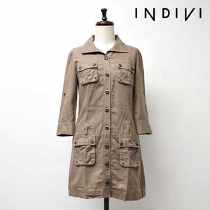 美品 INDIVI インディヴィ リネン混 七分袖 カジュアルシャツワンピース ロングシャツ レディース 茶色 ブラウン サイズ38*GC172