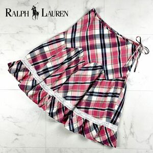 美品 RALPH LAUREN ラルフローレン チェック 裾レース フリル フレアスカート 膝丈 裏地あり レディース ボトムス ピンク サイズ150*GC218