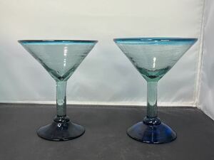 カクテルグラス 硝子 気泡 色ガラス 練りガラス 昭和レトロ ペアグラス ペア 酒器 青