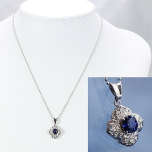 CAK36 サファイアネックレス 1.10ct ダイヤモンド 0.25ct フラワーモチーフ Pt900 Pt850 9月 青石 プラチナSapphire高級ジュエリーチェーン