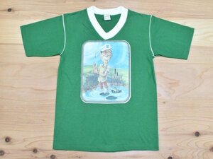 80'sUSA古着 ゴルフ アイロンプリント ビンテージ リンガー Vネック Tシャツ sizeS XS以下相当 緑 キャラクター カエル スポーツ 80年代
