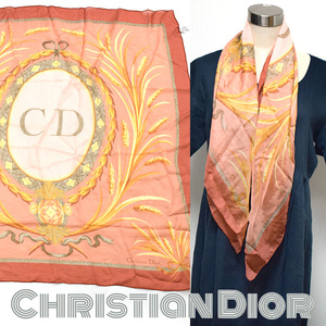 Christian Dior■ロゴ入り　CDロゴ大判シルクスカーフ　ピンク系　ヴィンテージ/ scarf　vintage　クリスチャンディオール