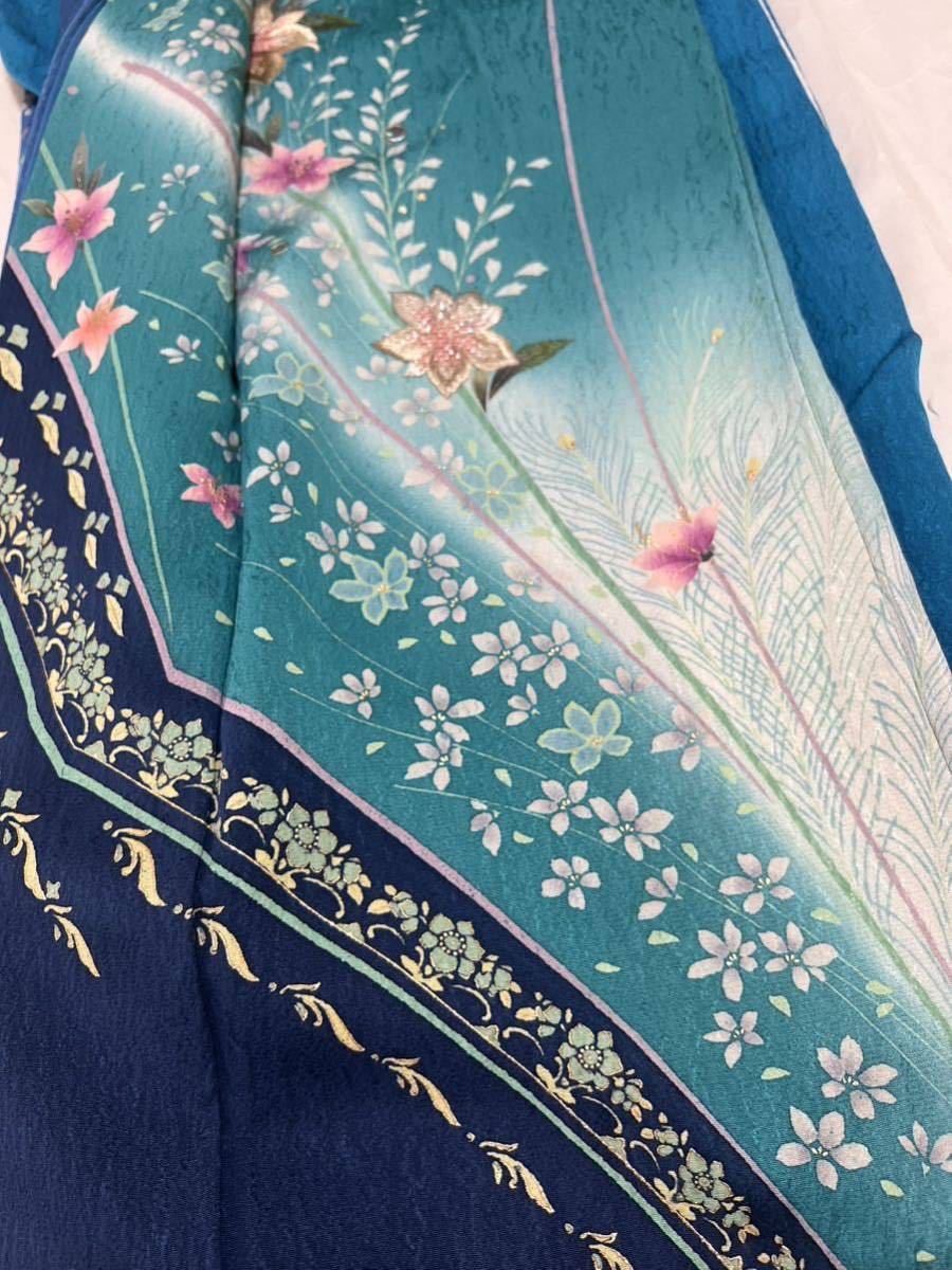 逸品振袖やまと謹製晴着刺繍螺鈿暈し青水色正絹きもの祝着礼装着丈