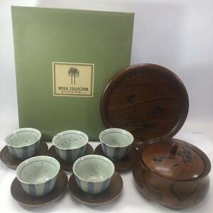 WOOD COLLECTION ウッドコレクション 煎茶道具 蘭 彫刻 漆器 湯呑 茶托 5客 菓子鉢 菓子皿 お盆 トレイ もてなしセット 未使用箱付