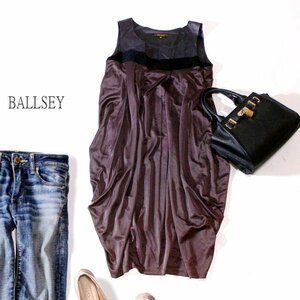 ☆☆ 美品 BALLSEY ボールジィ ☆☆ 大人可愛い シルク切り替え ストレッチ コクーン ワンピース 38号 M 春 夏 23A08