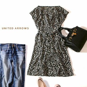 ☆ 美品 UNITED ARROWS ユナイテッドアローズ ☆ 大人可愛い ウエストタック ドレープネック ストレッチ ワンピース 36号 S 春 夏 23D08